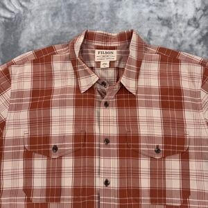 Filson Mens XXL Short Sleeve Plaid Button Down Shirt Rust White 100% Cotton